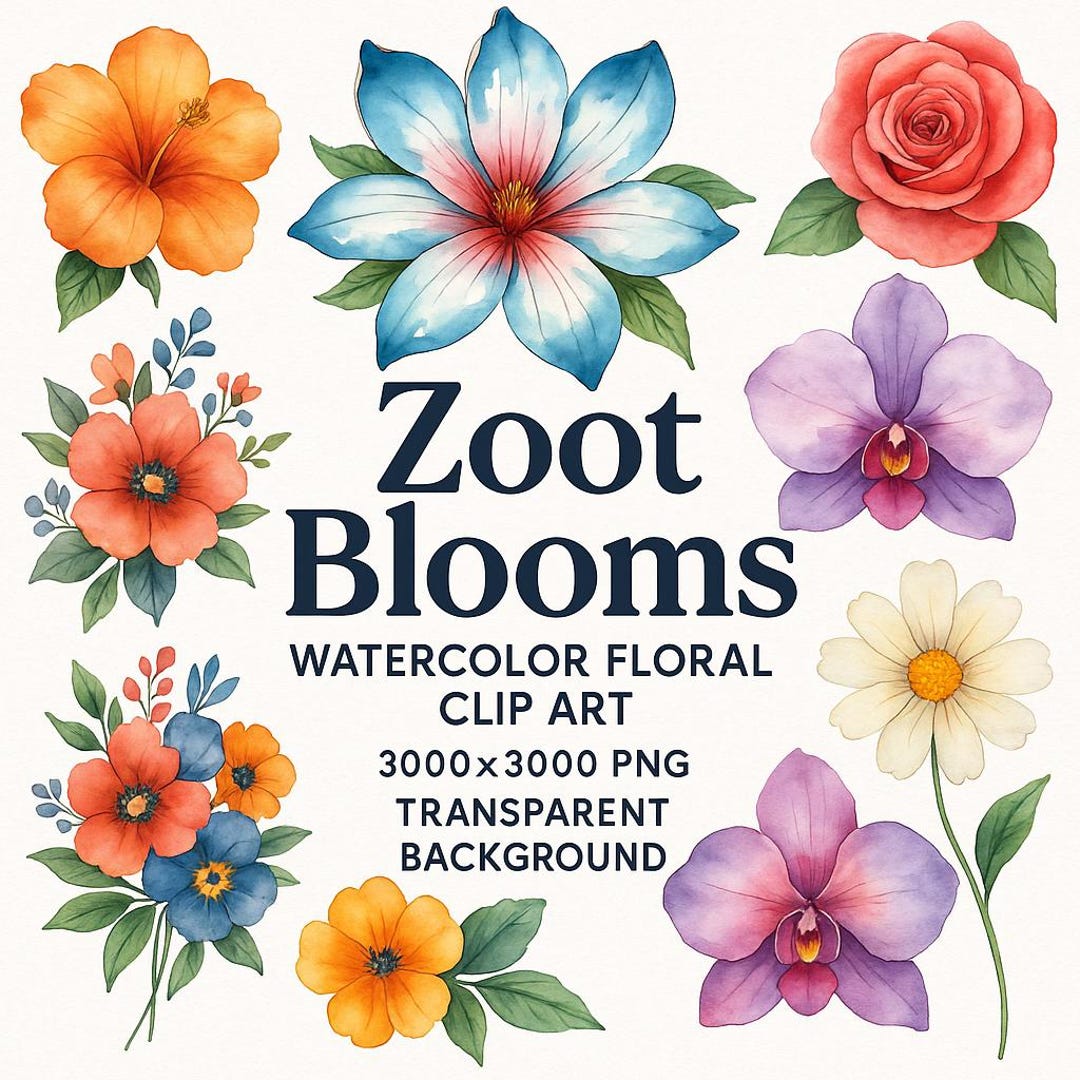 Zoot Blooms | Watercolor Floral Clip Art | 3000x3000 PNG | Transparent ...