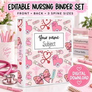 May include: An editable nursing binder set featuring a light pink cover with a repeating pattern of medical icons including stethoscopes, syringes, thermometers, bandages, and bows. The center has a white rectangular label with text Your name Subject.