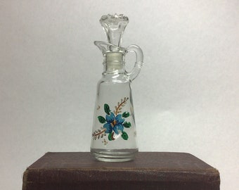 Hand Painted Cruet Glass Pitcher Salad Dressing Oil Container Flower