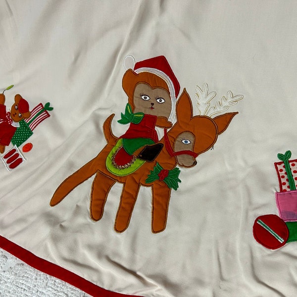 Vintage Tree Skirt with a Cat Riding a Reindeer and Two Kittens