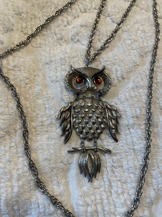 Owl Pendant Necklace Articulated Vintage - image 1