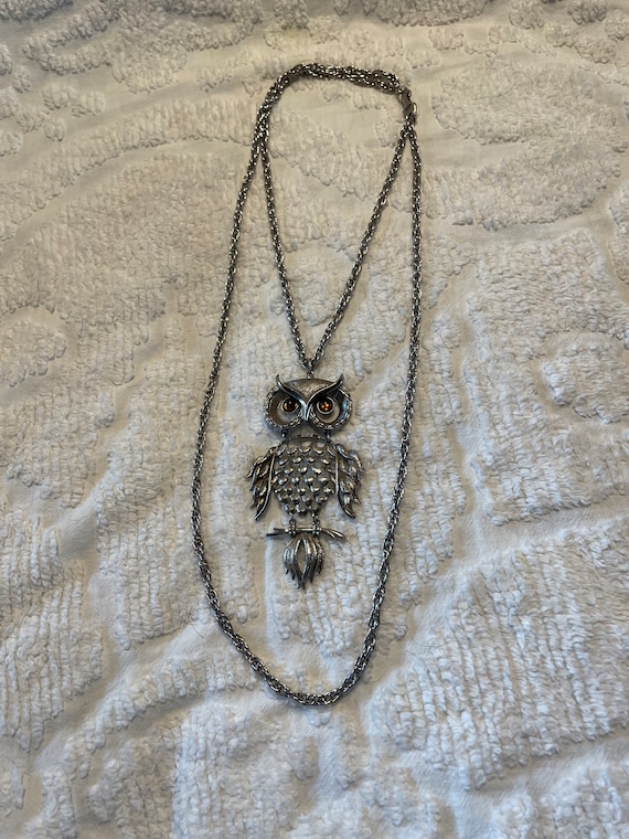 Owl Pendant Necklace Articulated Vintage - image 3