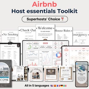 May include: A collection of printable resources for Airbnb hosts, including checklists, welcome guides, house rules, and emergency information. The resources are available in five languages: English, French, German, Spanish, and Italian. The image also includes a welcome book, a calendar, and a chart with data about Airbnb bookings.