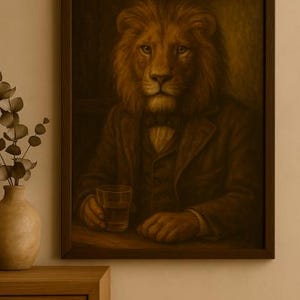 Vintage Lion in a Suit Wall Art | Anthropomorphic Lion Whiskey Print | Funny Bar Decor | Gentleman Animal Portrait | Quirky Lion Artwork