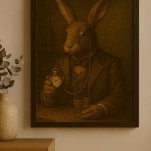 Vintage Rabbit in a Suit Wall Art | Anthropomorphic Bunny Whiskey Print | Funny Bar Decor | Gentleman Animal Portrait | Quirky Rabbit