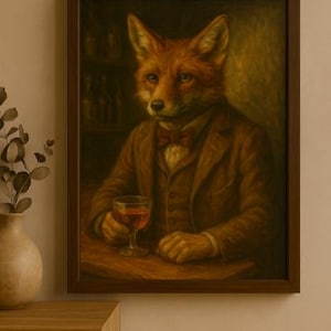 Vintage Fox in a Suit Wall Art | Anthropomorphic Fox Port Print | Whimsical Bar Decor | Gentleman Animal Portrait | Quirky Fox Artwork