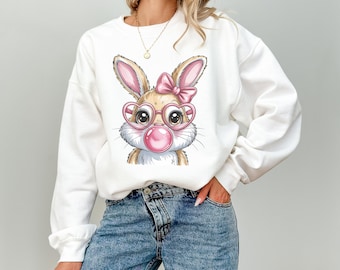 Bunny Crewneck Sweatshirt, Kawaii Rabbit, Pink Bow Glasses, Bubble Gum Print