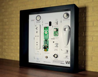 Framed Nintendo Wii Remote + Nunchuck Disassembled Wall Art, Teardown Wii Controller Frame