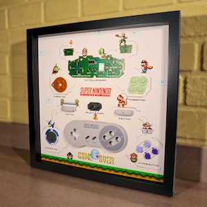Framed Super Nintendo (SNES) Controller Disassembled Wall Art, Nintendo Decor for Gamers