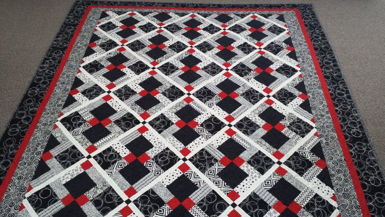 Queen size Quilt pattern Finished size 106 x 106, Red, Black and White quilt Disappearing nine patch image 8
