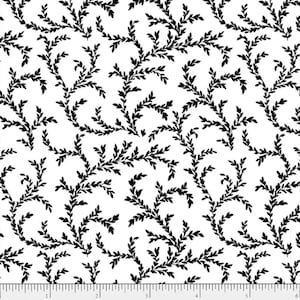 May include: White fabric with a black repeating pattern of stylised branches with leaves. The fabric has a ruler with inches marked along the bottom.