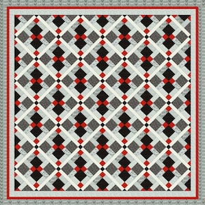 Op de afbeelding: Een zwart-wit geruit patroon met rode vierkanten, wat een geometrisch ontwerp creëert. Het patroon wordt herhaald over de hele afbeelding, wat een gevoel van ritme en beweging creëert.