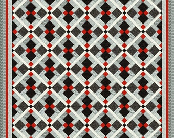 King size Quilt pattern;  Finished size 121 x 121, Red, Black and White quilt Disappearing nine patch
