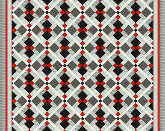 King size Quilt pattern;  Finished size 121 x 121, Red, Black and White quilt Disappearing nine patch