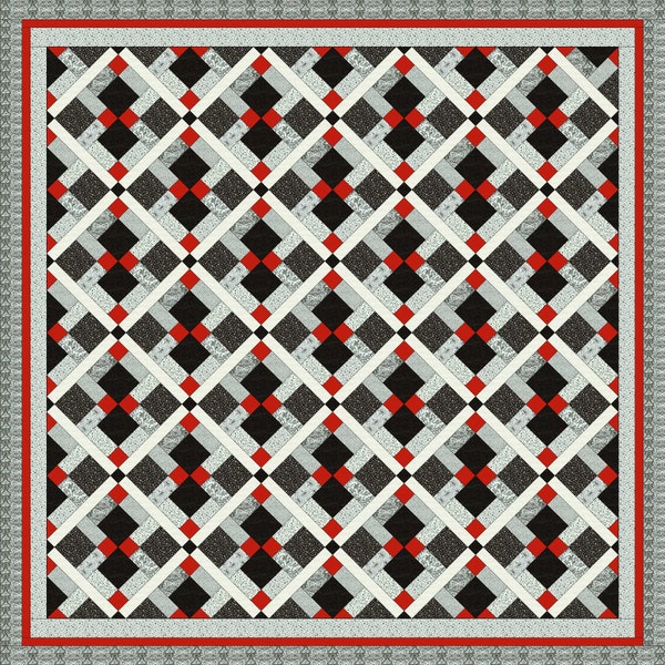 King size Quilt pattern;  Finished size 121 x 121, Red, Black and White quilt Disappearing nine patch