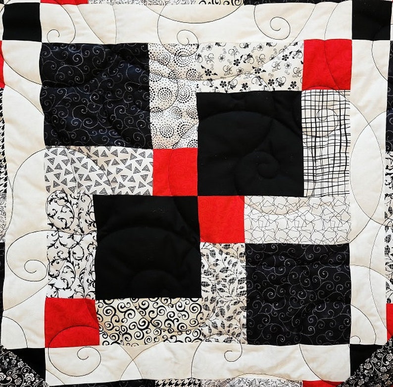 Queen size Quilt pattern Finished size 106 x 106, Red, Black and White quilt Disappearing nine patch image 4