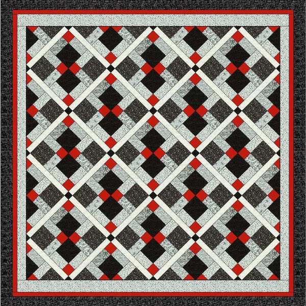 Queen size Quilt pattern; Finished size 106 x 106,  Red, Black and White quilt Disappearing nine patch