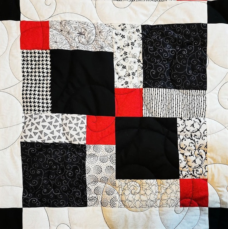 Queen size Quilt pattern Finished size 106 x 106, Red, Black and White quilt Disappearing nine patch image 6