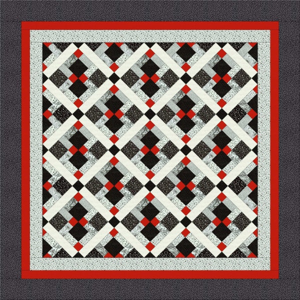 Throw/lap size Quilt pattern; Finished size 70 x 70, Red, Black and White quilt. Disappearing 9 patch; Quilt pattern