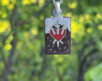 Copper pendant with enamel “Three of swords”