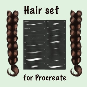 以下が含まれることがあります： Procreate用のデジタルアートヘアセット。画像には、"Lashes"、"Beard"、"H1-H11"とラベル付けされたさまざまな白いブラシストロークデザインが施された濃い灰色のパネルを囲む2つの茶色の三つ編みが表示されています。 "Hair set"と"for Procreate"という言葉も表示されています。