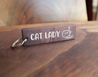 Wood Keychain - 'Cat Lady' - Black Walnut Engraved Luggage Tag