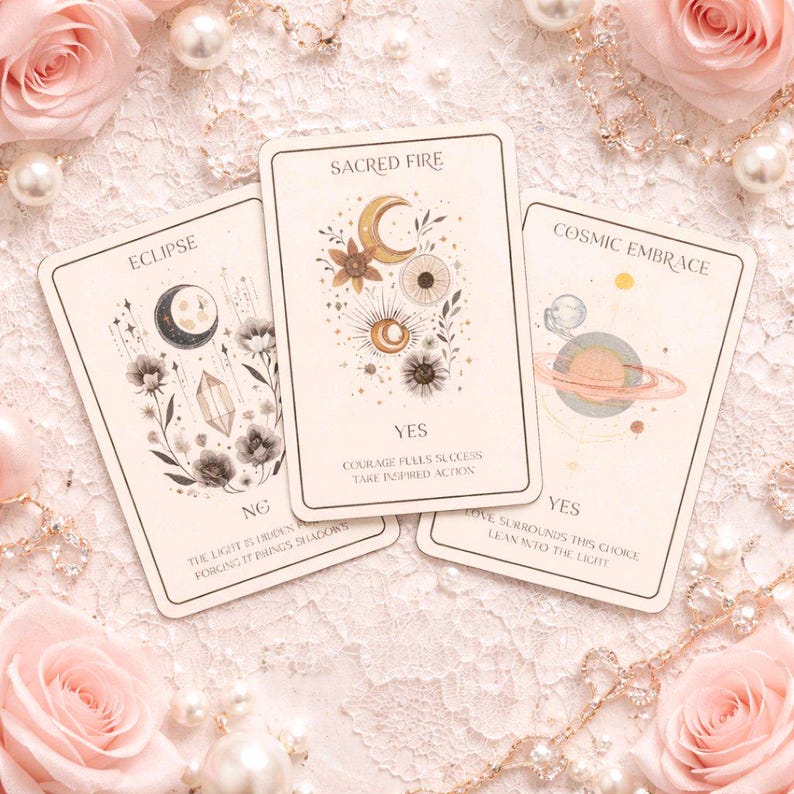 May include: Three tarot cards with floral and celestial illustrations. The cards feature the words "ECLIPSE", "SACRED FIRE", and "COSMIC EMBRACE". The text "YES" appears on two cards, with additional text below. The background includes pink roses and pearls.
