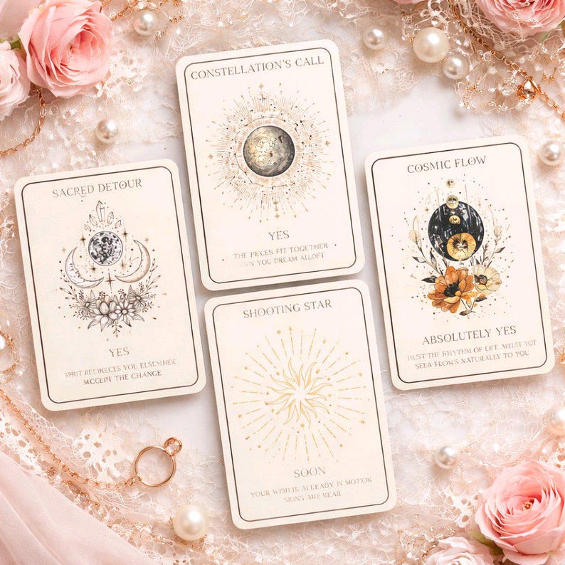 May include: Four tarot cards with celestial designs and text. The cards feature illustrations of the moon, stars, and flowers. The text includes phrases like "Sacred Detour," "Constellation's Call," and "Cosmic Flow." The cards are arranged on a surface with pearls and roses.