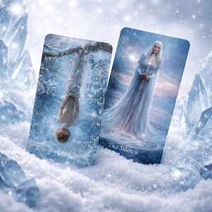 Puede incluir: Dos cartas de tarot con ilustraciones de temática invernal. Una carta muestra a una persona colgada boca abajo, etiquetada como "The Hanged Man". La otra representa a una mujer con un vestido fluido, etiquetada como "The Silence". Las cartas están sobre un fondo nevado y helado.