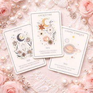 May include: Three tarot cards with celestial and floral illustrations. The cards feature the phrases "Sacred Fire," "Eclipse," and "Cosmic Embrace." The "Sacred Fire" card includes the text "Yes, Courage Fulfills Success, Take Inspired Action." The "Eclipse" card reads "No, The Light is Hidden for Now, Digget it Brings Revelations." The "Cosmic Embrace" card reads "Yes, Love Surrounds This Light, Lean Into The Light."