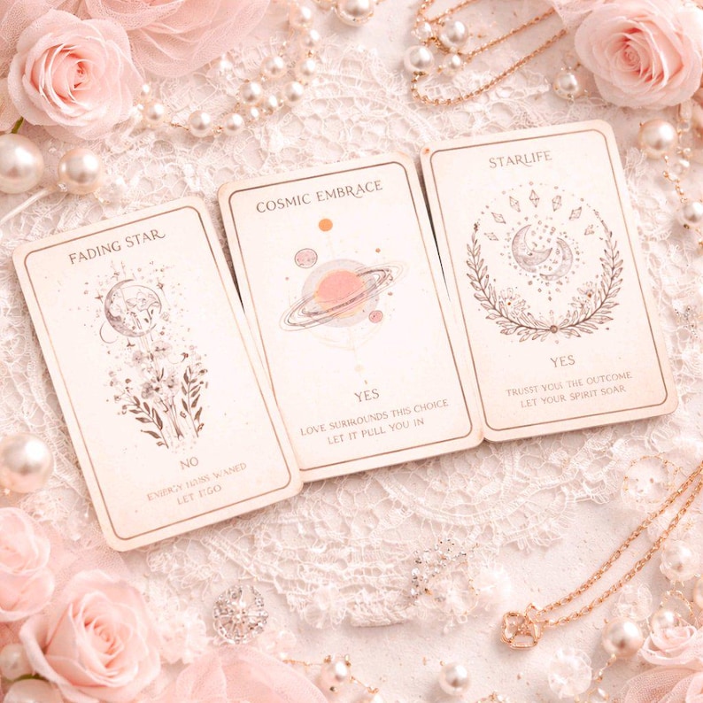 May include: Three tarot cards with celestial illustrations and text. The cards are titled "Fading Star," "Cosmic Embrace," and "Starlife." The "Cosmic Embrace" card features a planet with rings. The "Starlife" card has a crescent moon and floral design.