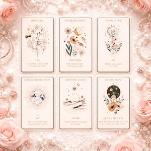 May include: Six tarot cards with floral and celestial illustrations. Each card features a unique design with text such as "Open Sky," "Starless Night," and "Cosmic Flow." The cards are arranged on a lace surface with rose and pearl accents.