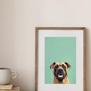 Impresión artística de pared de un perro sonriente y divertido: póster de un pitbull/personal de dibujos animados feliz con fondo verde menta. Decoración con humor animal para amantes de los perros.