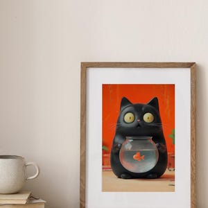 Grappige zwarte kat digitale kunstprint - schattige cartoon kat met goudviskom - eigenzinnige dierenmuurdecoratie voor kattenliefhebbers - verticale download