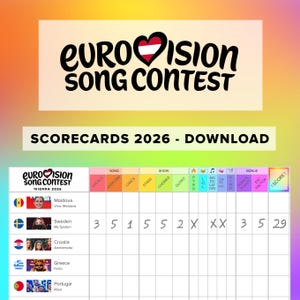 Könnte beinhalten: Ein farbenfrohes Grafikdesign mit dem Logo des Eurovision Song Contest und einem Herz. Darunter steht der Text "SCORECARDS 2026 - DOWNLOAD". Das Bild enthält eine Ergebnisliste mit Länderflaggen, Künstlernamen und Wertungsdetails.
