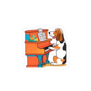 Basset Hound Dog Playing Piano Sticker, Pet Lover Gift Cute Musician Dog Art Fun Music Lover Piano Teacher Gift Dog Humor Gift
