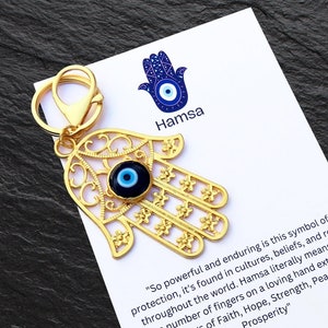 Hamsa Keychain Bag Charm with Black Evil Eye, Bag Accessory, Good Luck Protection Keyring Gift, Turkish Nazar Beads, Power and Strength image 2