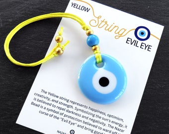 Yellow String Evil Eye Car Rearview Mirror Amulet Charm, Turkish Nazar Evil Eye Gift, New Home Good Luck Gift Wall Hanging Decor, PB, 5.5cm