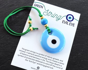 Green String Evil Eye Car Rearview Mirror Amulet Charm, Turkish Nazar Evil Eye Gift, New Home Good Luck Gift Wall Hanging Decor, PB, 5.5cm