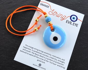 Orange String Evil Eye Car Rearview Mirror Amulet Charm, Turkish Nazar Evil Eye Gift, New Home Good Luck Gift Wall Hanging Decor, PB, 5.5cm