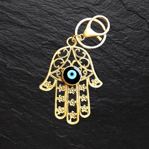 Hamsa Keychain Bag Charm with Black Evil Eye, Bag Accessory, Good Luck Protection Keyring Gift, Turkish Nazar Beads, Power and Strength image 1