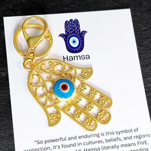 Hamsa Keychain Bag Charm with Blue Evil Eye, Bag Accessory, Good Luck Protection Keyring Gift, Turkish Nazar Beads, Power and Strength