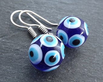 Evil Eye Earrings, Blue Glass Evil Eye Dangle Drop Earrings, Turkish Nazar Boncuk, Greek Eye, Good Luck Protection Gift, Gift For Her