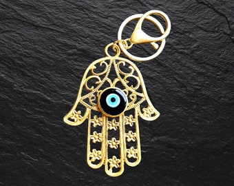 Hamsa Keychain Bag Charm with Black Evil Eye, Bag Accessory, Good Luck Protection Keyring Gift, Turkish Nazar Beads, Power and Strength