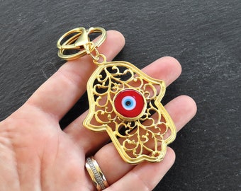 Hamsa Keychain Bag Charm Red Evil Eye, Bag Accessory, Good Luck Protection Keyring Gift, Turkish Nazar Beads, Power and Strength