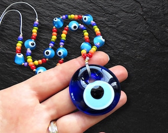 Rainbow Beaded Evil Eye Car Rearview Mirror Amulet Charm, Glass Turkish Nazar Gift, New Home Good Luck Gift, Wall Hanging Decoration