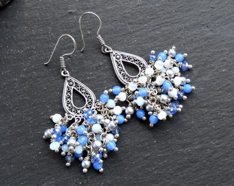 Icy Blue Beaded Chandelier Dangle Earrings, Drop French Hook Earrings, Bohemian Style