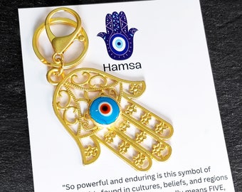 Hamsa Keychain Bag Charm with Blue Evil Eye, Bag Accessory, Good Luck Protection Keyring Gift, Turkish Nazar Beads, Power and Strength