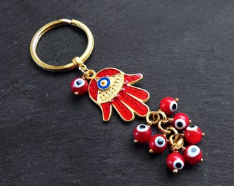 Red Hamsa Evil Eye Keychain Bag Accessory, Good Luck Protection Keyring Gift, Turkish Nazar Beads, Power and Strength