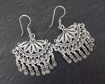 Scallop Fan Shaped Telkari Dangly Silver Ethnic Boho Earrings - Authentic Turkish Style